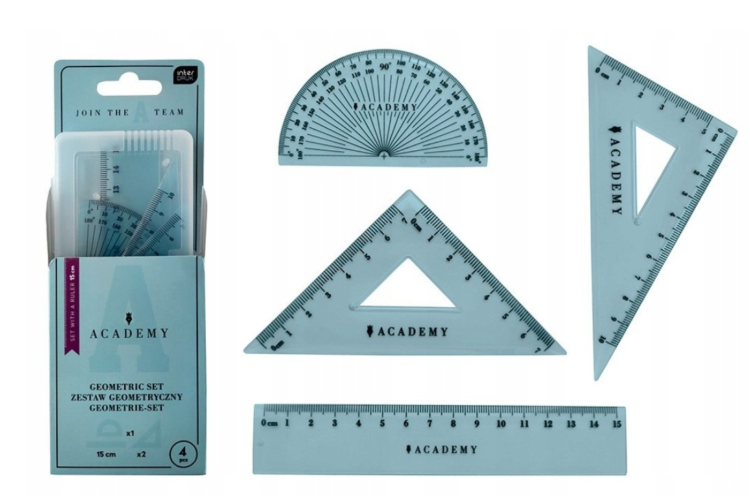 Zestaw geometryczny w etui 4 elementy linijka 15cm  ACADEMY Interdruk